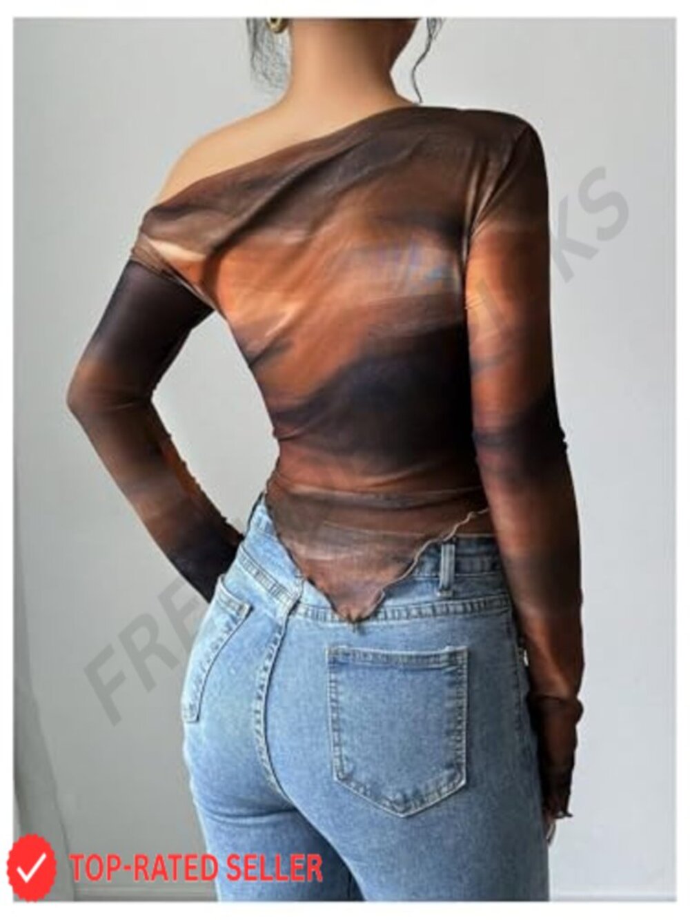 Off Shoulder Mesh Top Long Sleeve Asymmetrical Hem Ruched Fitted Tee Tie Dye - Picture 2 of 5